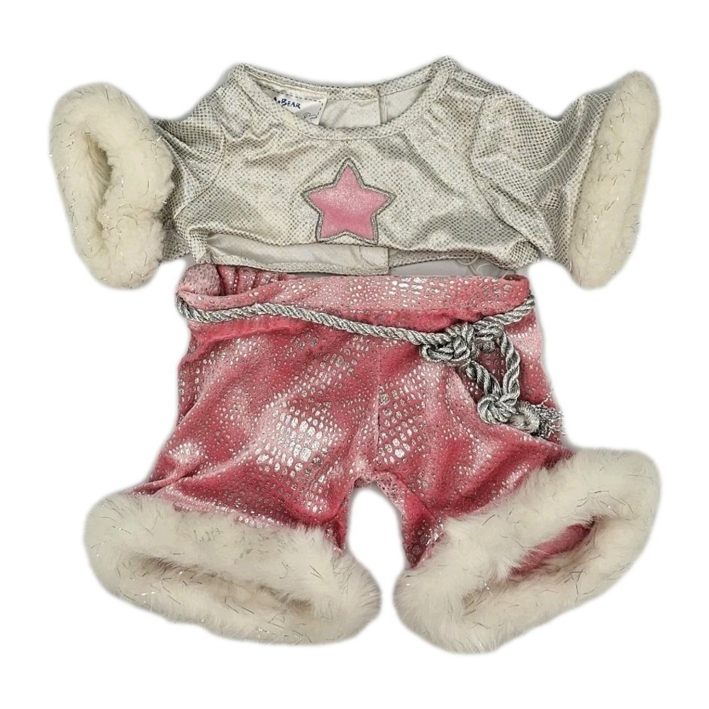 Build A Bear Silver Shimmer Rockstar Top Pink Pants Fur Trim Outfit BAB